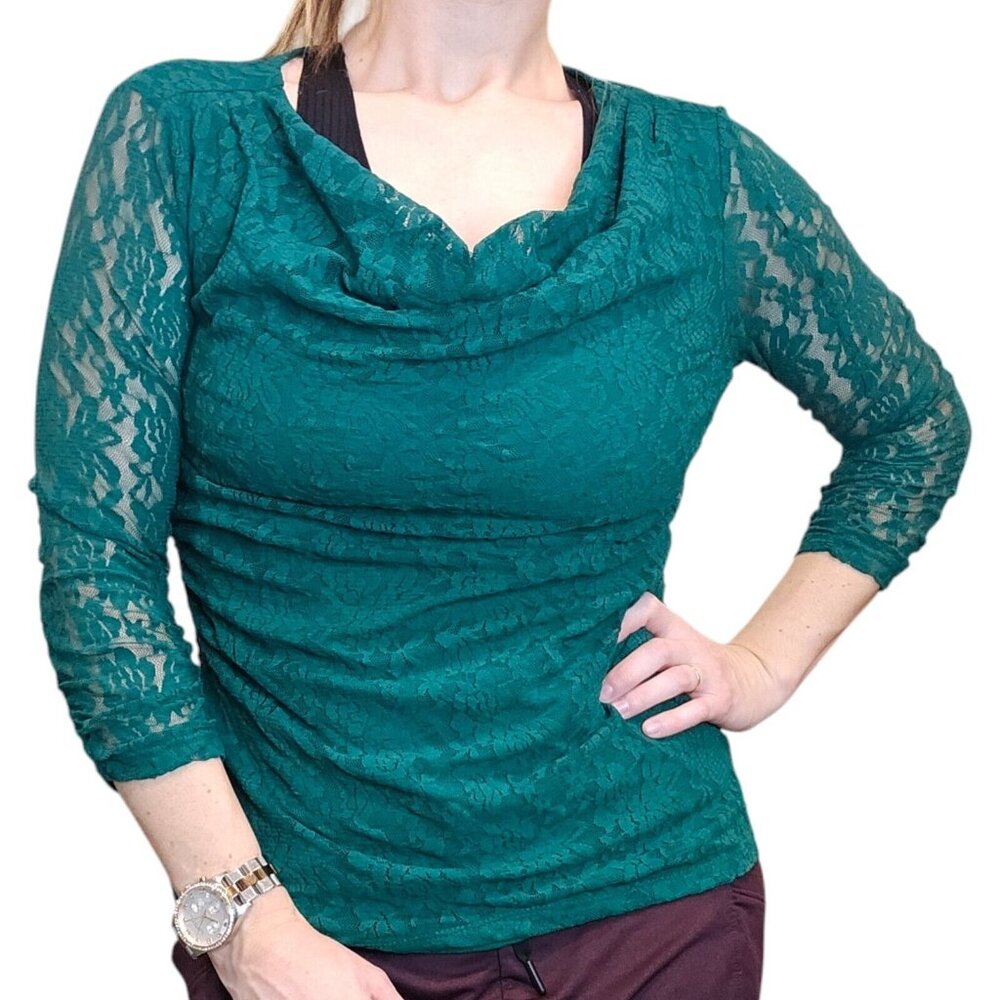 Y2K Womens M Green Floral Lace Blouse Cowlneck Ruched Holiday Christmas Nylon